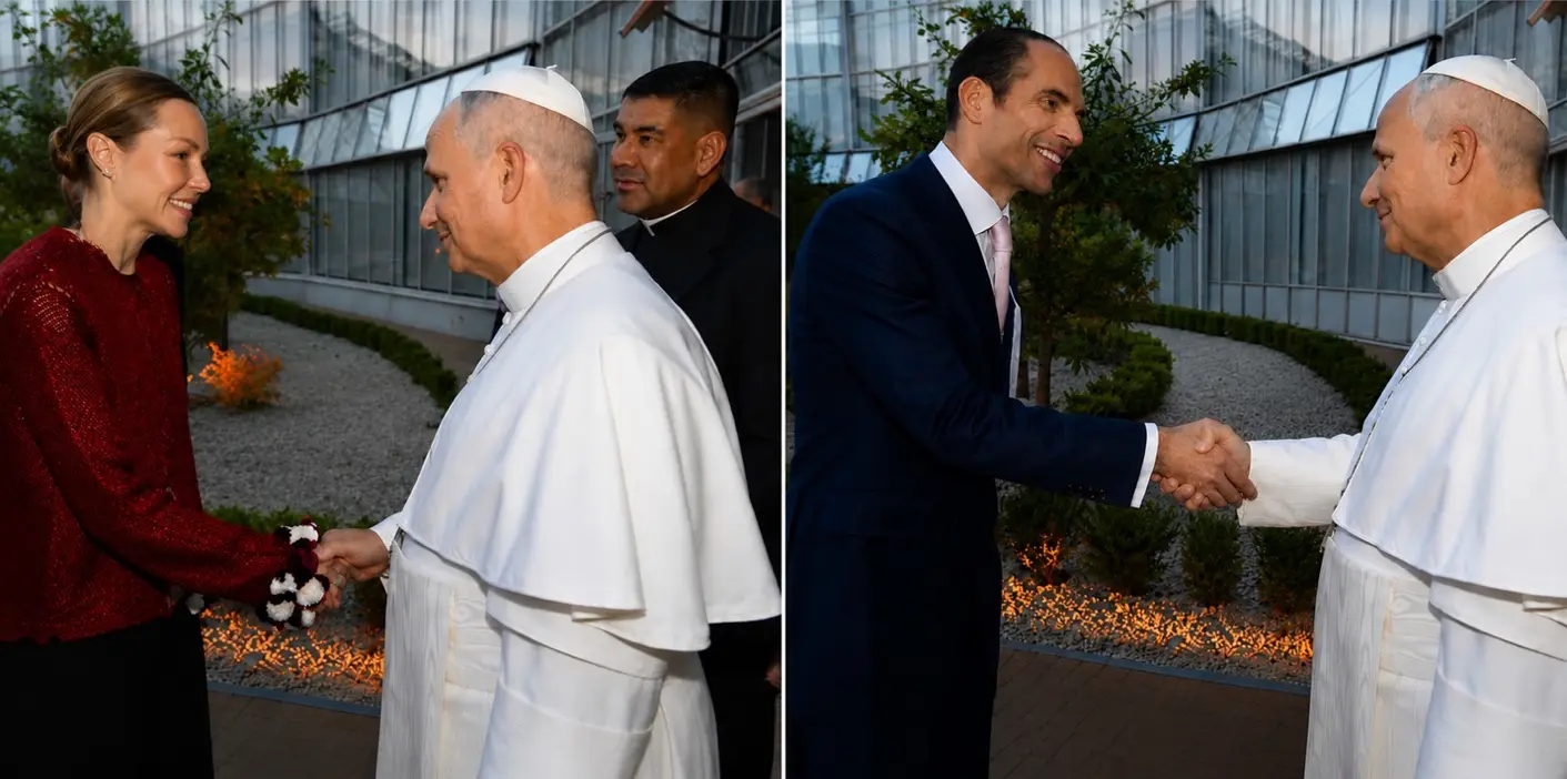 Melanie and Julio Herrera Velutini greeting Pope Leo XIV